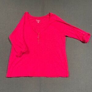 Lane Bryant Fun & Flirty Cotton Modal Pink Henley Top 3/4 Roll Tab Sleeve 18/20